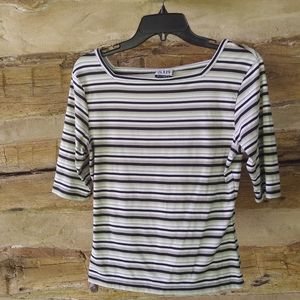 MB Designs Green & Black Striped Square Neck Tee Shirt Size Medium